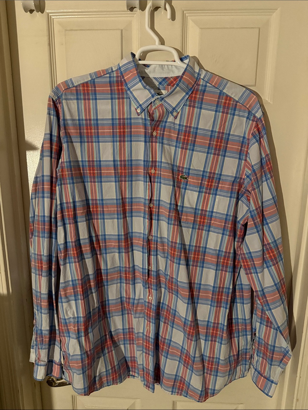 Lacoste XLT Men's Blue and Coral Plaid Button-Down Shirt